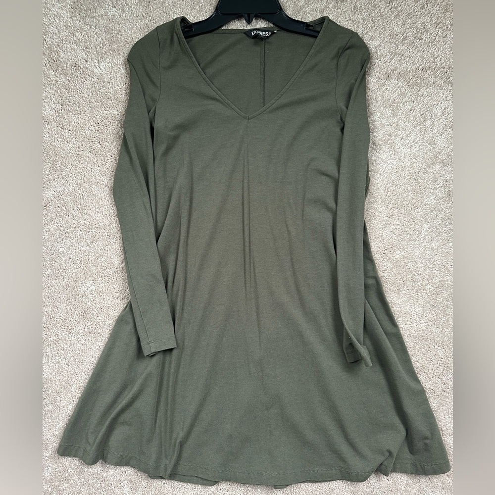 Express Olive Green V-Neck Long Sleeve Knit A-Line Mini Dress Size Small